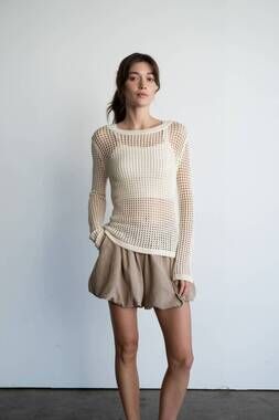 NEW ELLE GREY open-knit crochet sweater top in beige